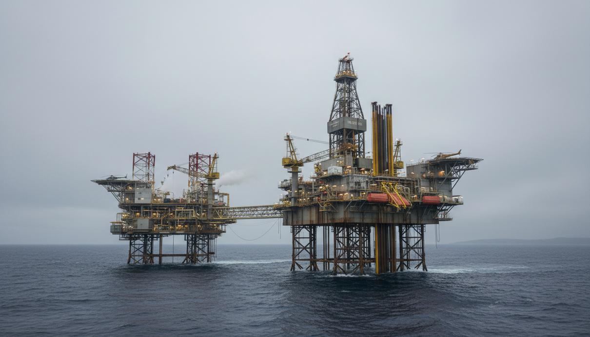 Нефтяная платформа и буровая установка в Северном море под пасмурным небом.