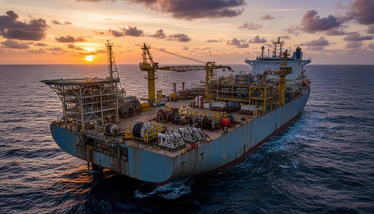 Плавучая нефтедобывающая установка в открытом море у побережья Бразилии на закате