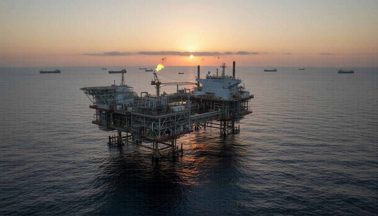 Плавучая установка для добычи газа в открытом море на фоне заката.