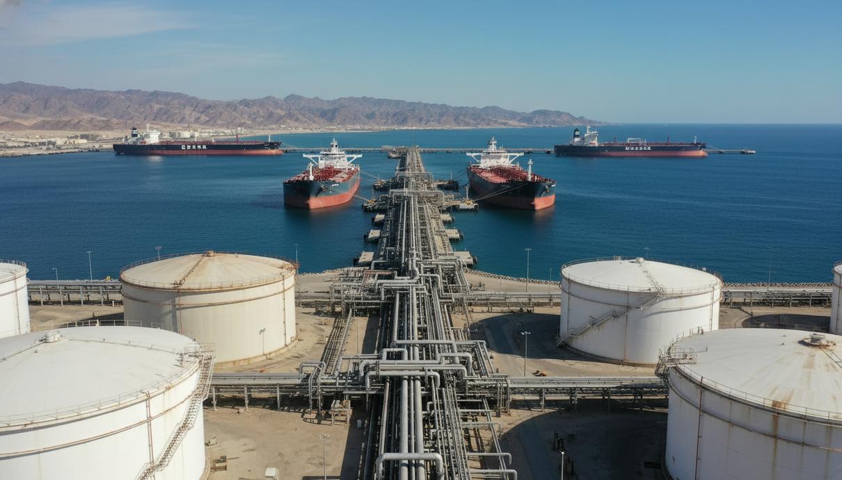 Промышленный нефтяной терминал с танкерами у причала и сетью трубопроводов на фоне залива