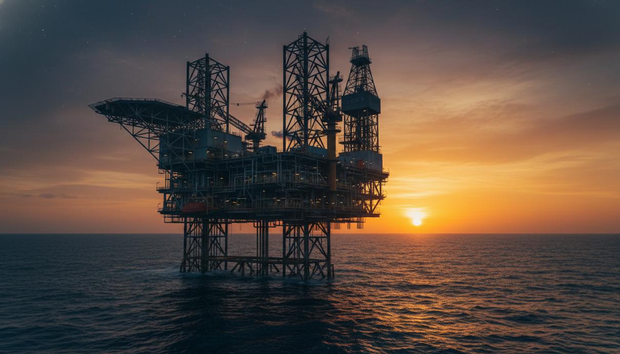 Морская нефтедобывающая платформа в северных водах на закате