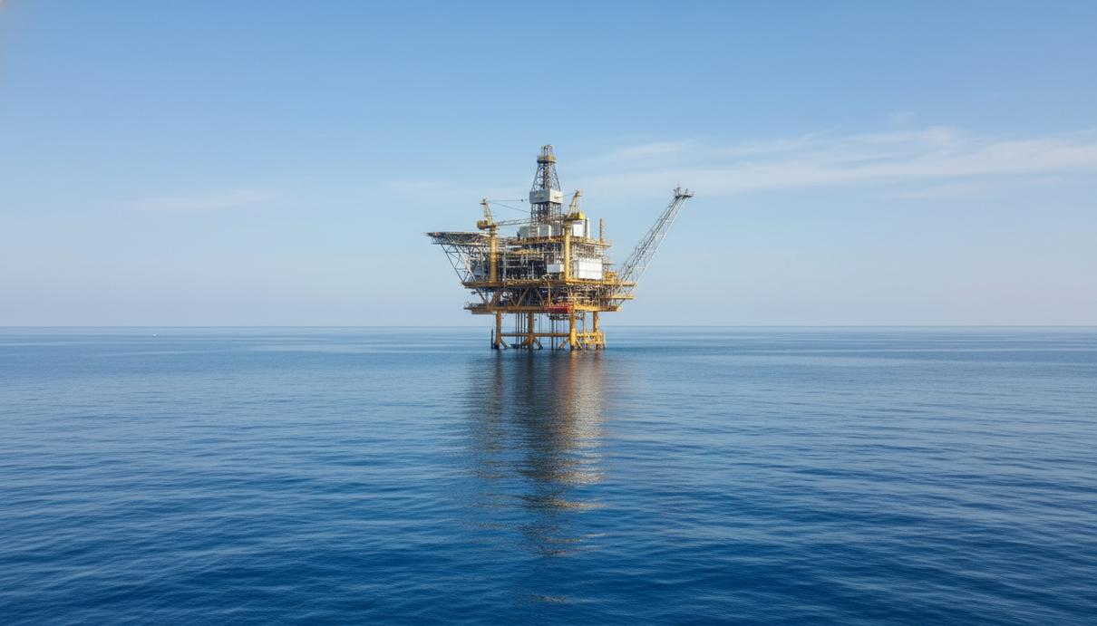 Газодобывающая морская платформа в открытом море под ясным небом в дневное время.