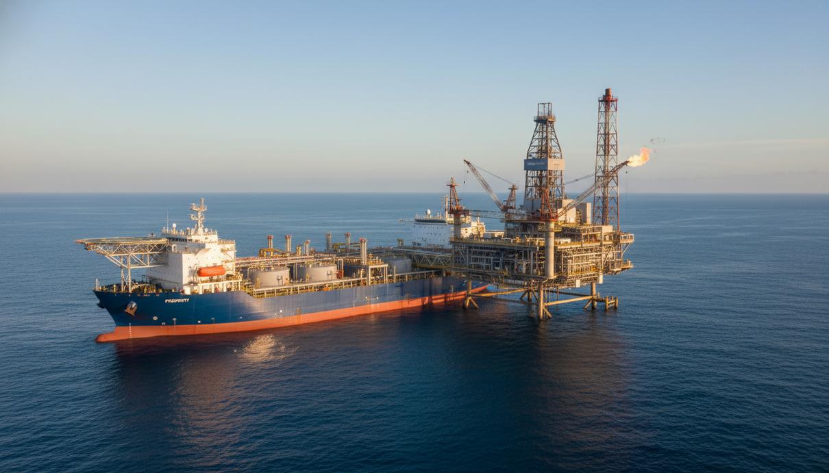 Промышленная буровая платформа и судно для добычи нефти в открытом море у берегов Гайаны