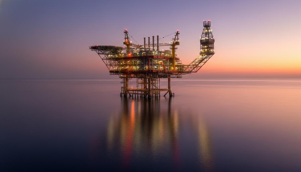 Промышленная морская платформа для добычи природного газа на шельфе в вечернее время.