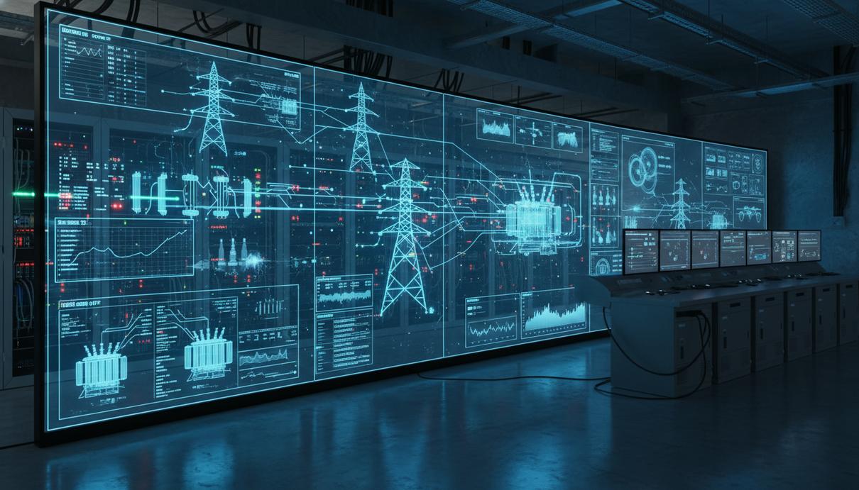 Зал управления энергетическими системами с большими цифровыми экранами и серверным оборудованием