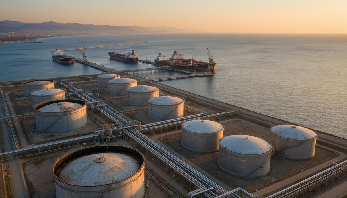 Морской нефтяной терминал с трубопроводами и танкерами в порту Джейхан на закате