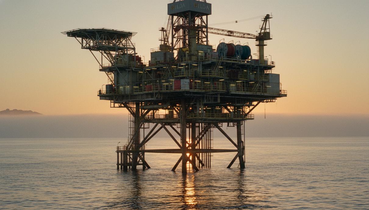 Нефтяная платформа в океане у берегов Калифорнии в лучах закатного солнца.