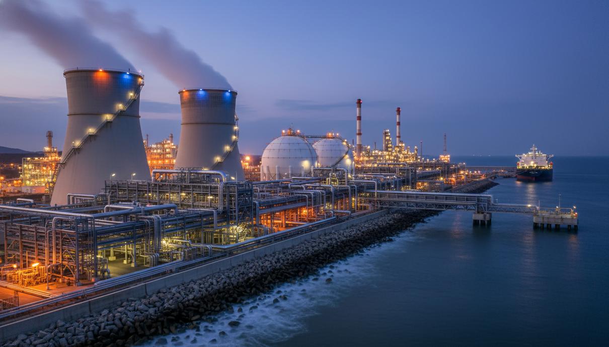 Терминал по переработке сжиженного природного газа с массивными резервуарами и системой труб на берегу.