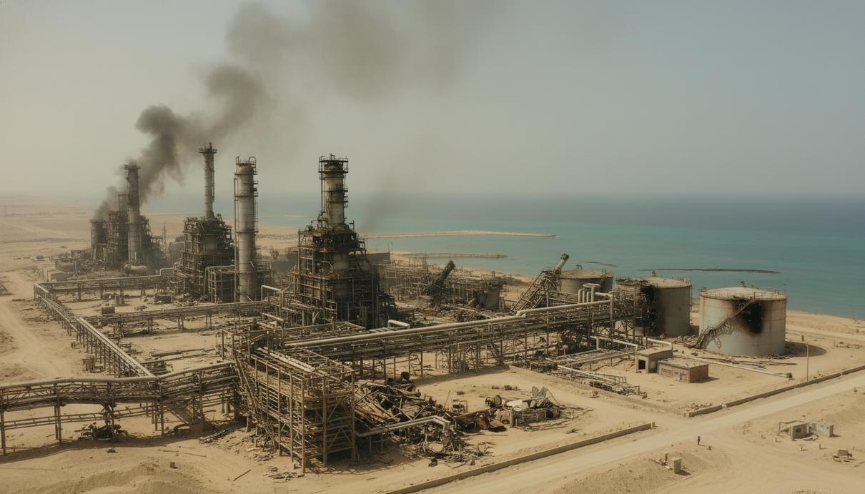 Поврежденные промышленные установки и газовые резервуары на побережье в промышленной зоне Рас-Лаффан.