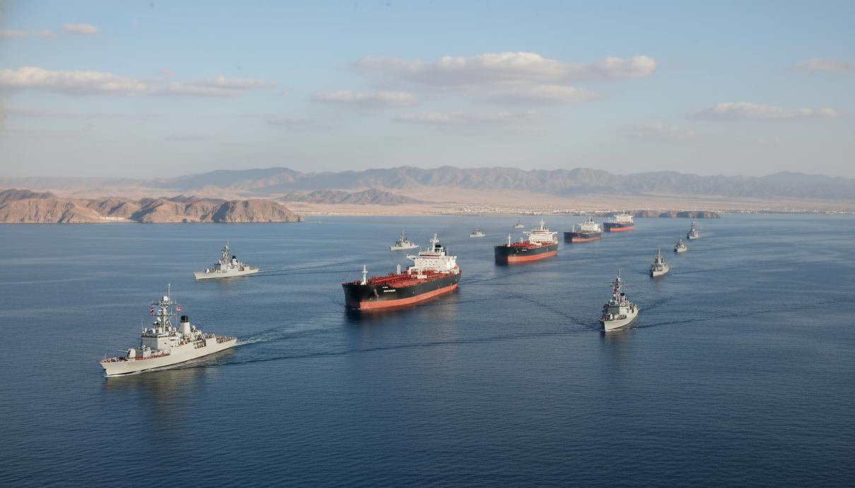 Нефтяные танкеры и военные корабли в Ормузском проливе на фоне горных берегов