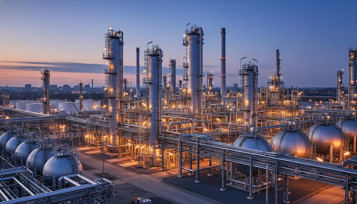 Промышленный вид на башни и резервуары нефтеперерабатывающего завода в вечернем освещении