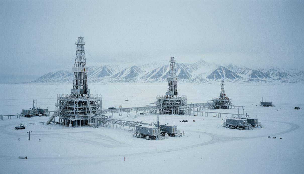 Буровые установки и промышленное оборудование на заснеженной равнине нефтяного резерва на Аляске.