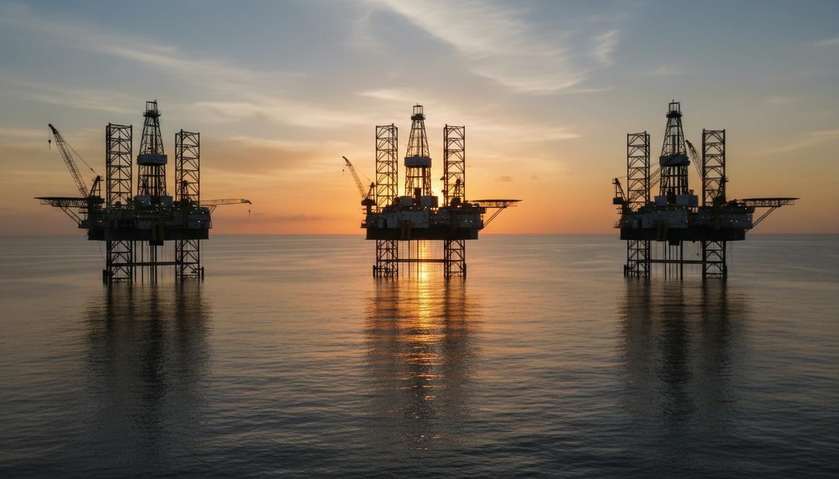 Пять самоподъемных буровых установок на морском горизонте в прибрежных водах Мексики.