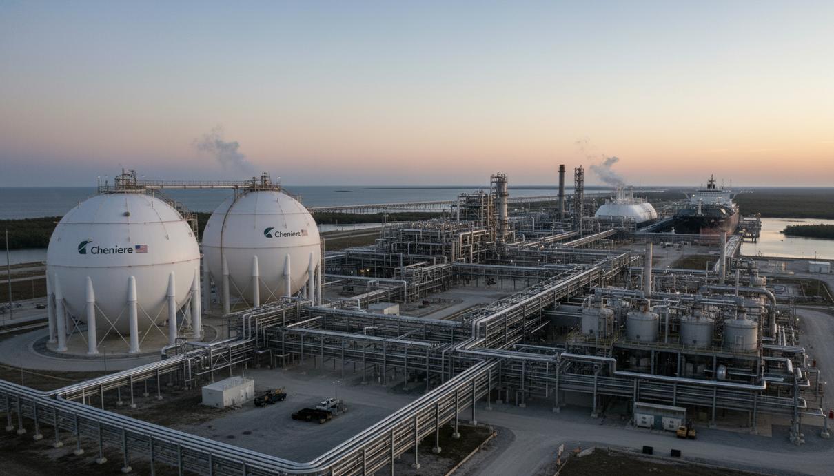 Вид на крупный промышленный терминал по производству сжиженного природного газа с резервуарами и трубопроводами