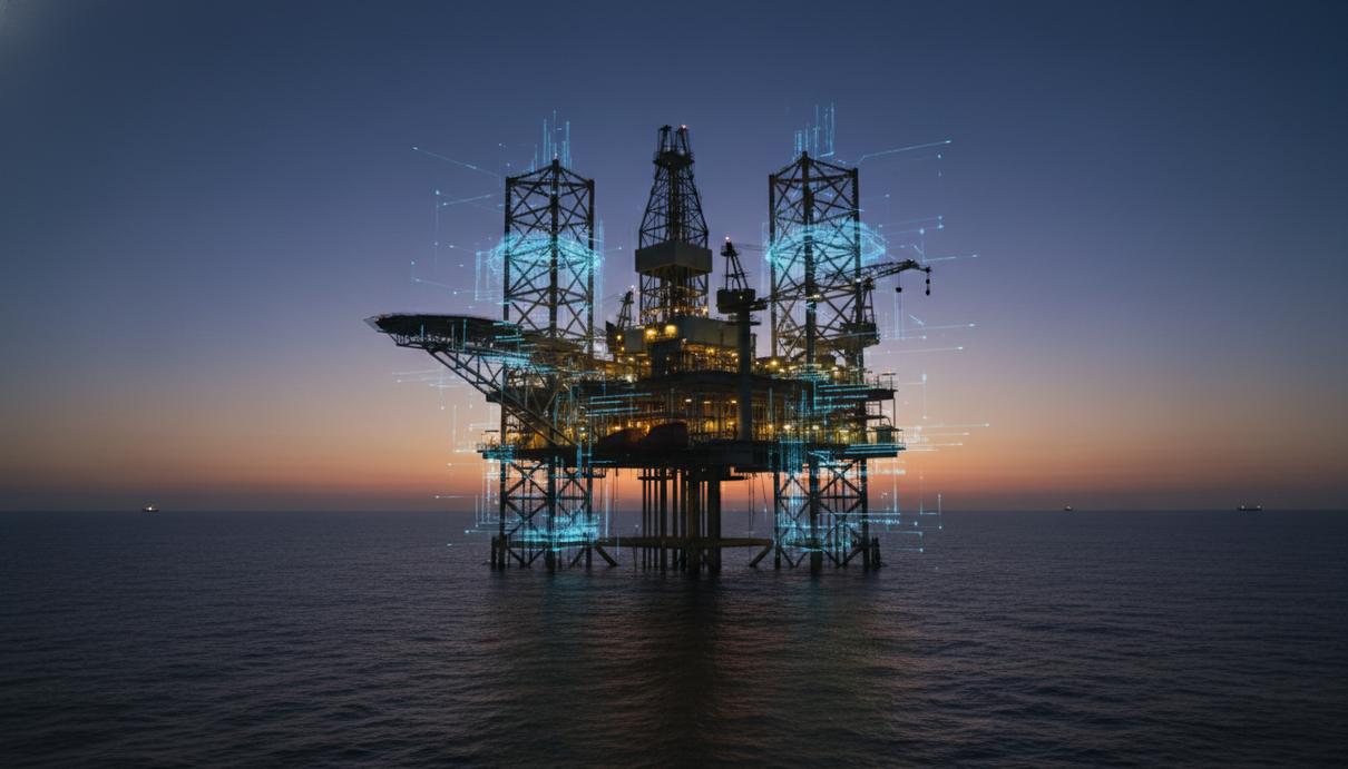 Морская нефтяная платформа в сумерках с цифровой проекцией данных на металлических конструкциях.