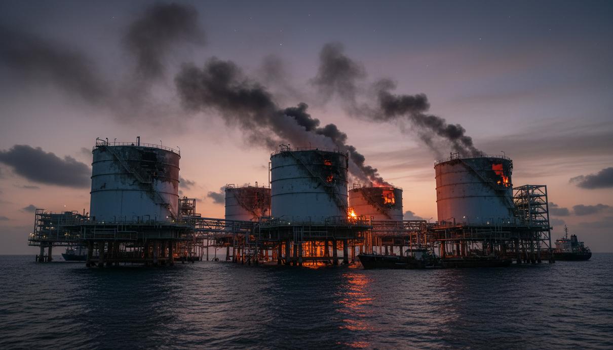 Промышленный газовый терминал на побережье с поврежденными металлическими конструкциями и трубами