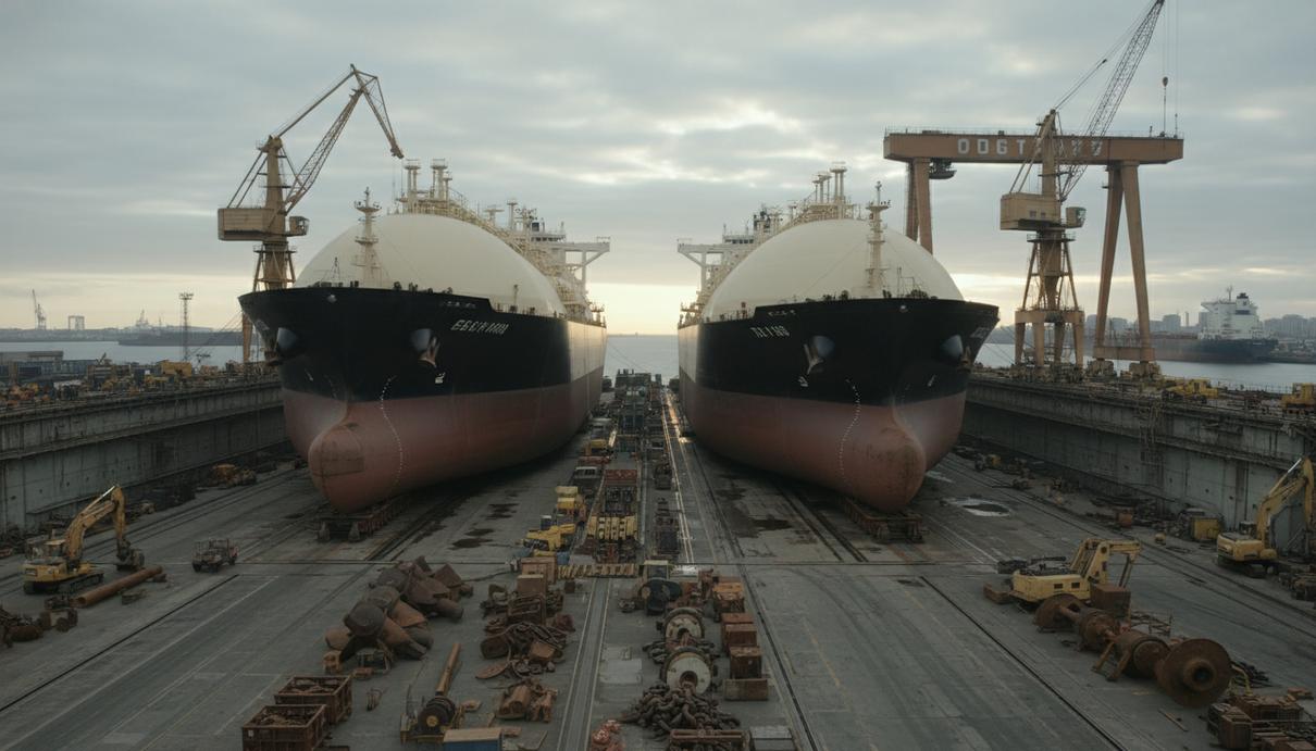 Танкеры для перевозки нефти и сжиженного газа в сухом доке на территории судоверфи.