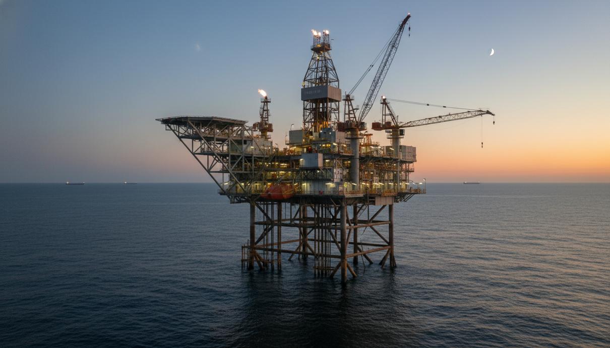 Буровая платформа на шельфе океана в предрассветных сумерках на фоне горизонта