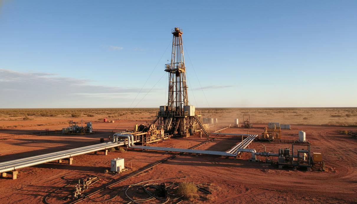 Буровая установка и газовая инфраструктура в засушливом районе бассейна Бителу в Австралии