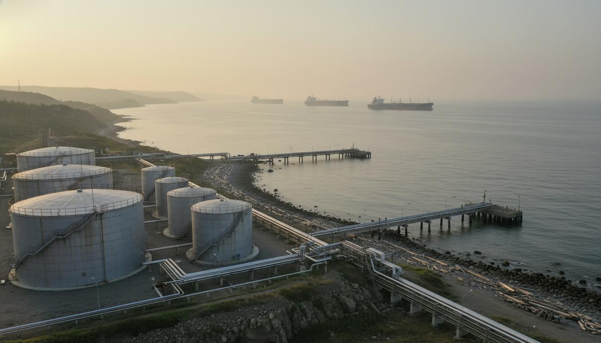 Нефтяной терминал с резервуарами на берегу моря и грузовые танкеры на рейде в туманной дымке.