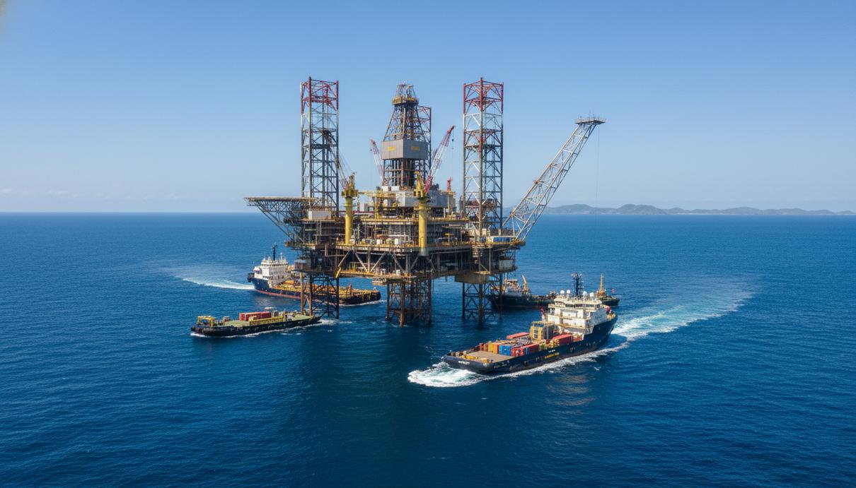 Нефтяная вышка и морские суда обеспечения в открытом океане на фоне ясного неба