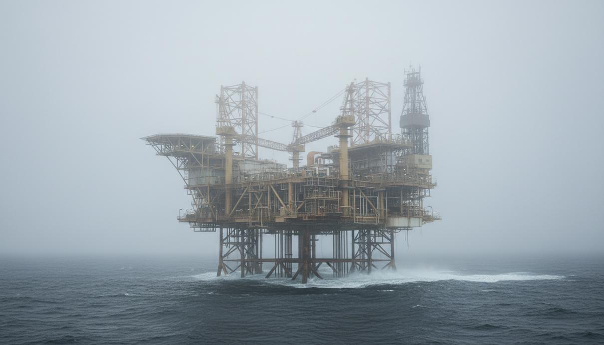 Морская нефтяная платформа среди холодных волн Северного моря под пасмурным небом.
