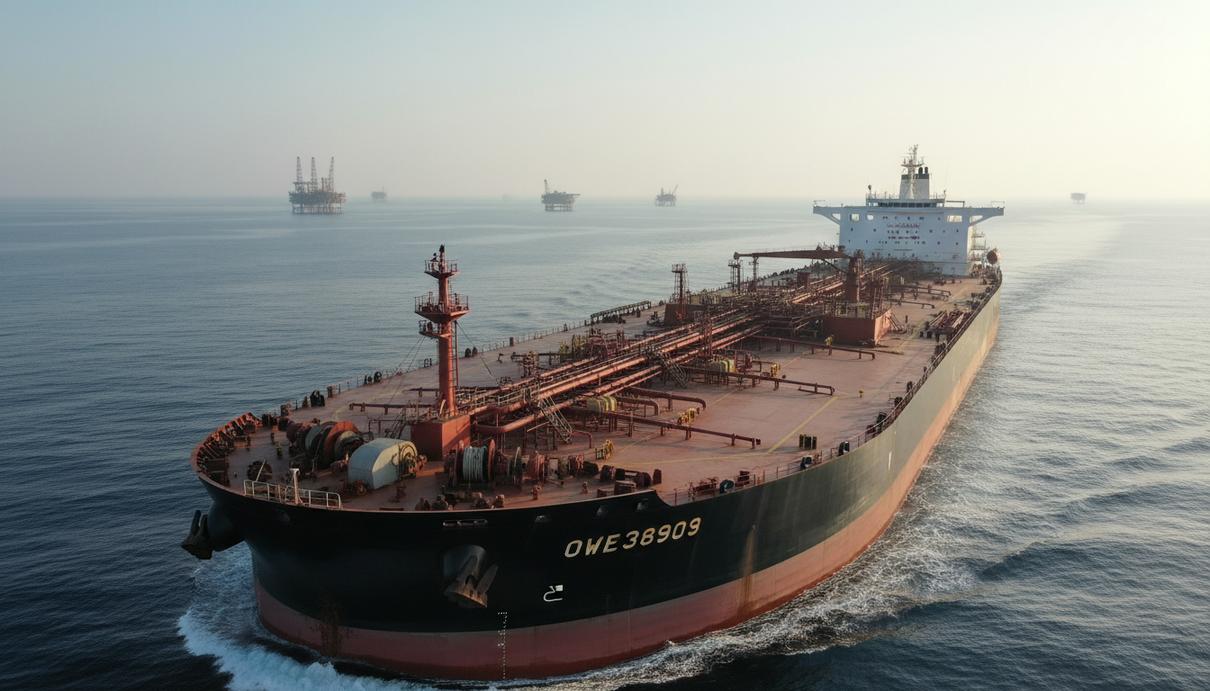 Промышленный нефтяной танкер идет по морю на фоне туманного горизонта и нефтяных вышек.