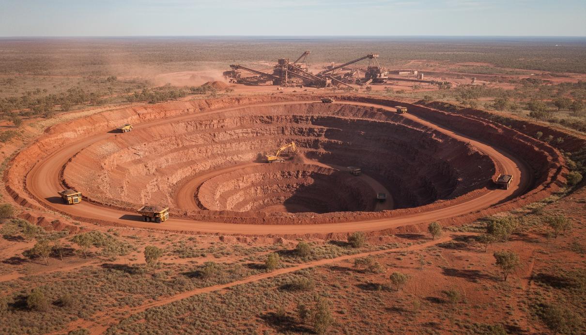 Открытый карьер по добыче железной руды в регионе Пилбара с промышленной техникой на фоне красной земли