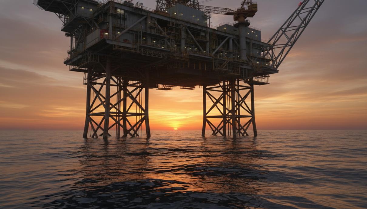 Морская буровая платформа в открытом море в лучах заката.