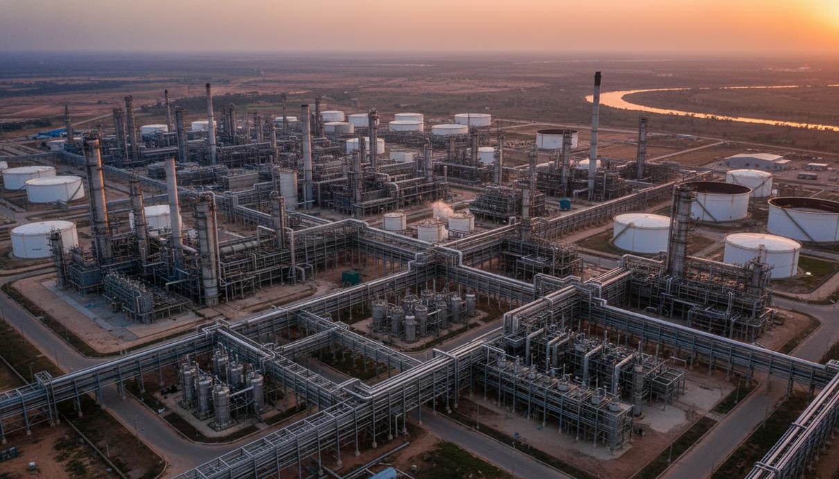 Панорамный вид на масштабный промышленный комплекс нефтеперерабатывающего завода с трубами и резервуарами