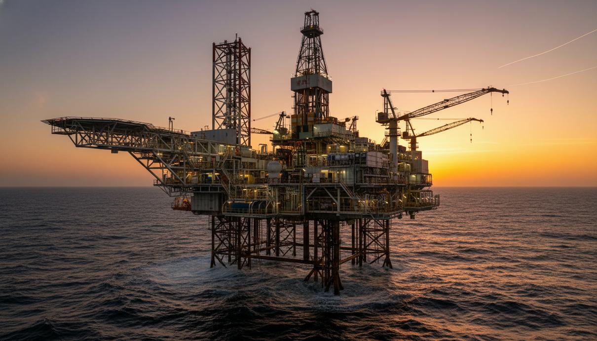 Морская буровая платформа с технологическим оборудованием на фоне океана в вечернее время