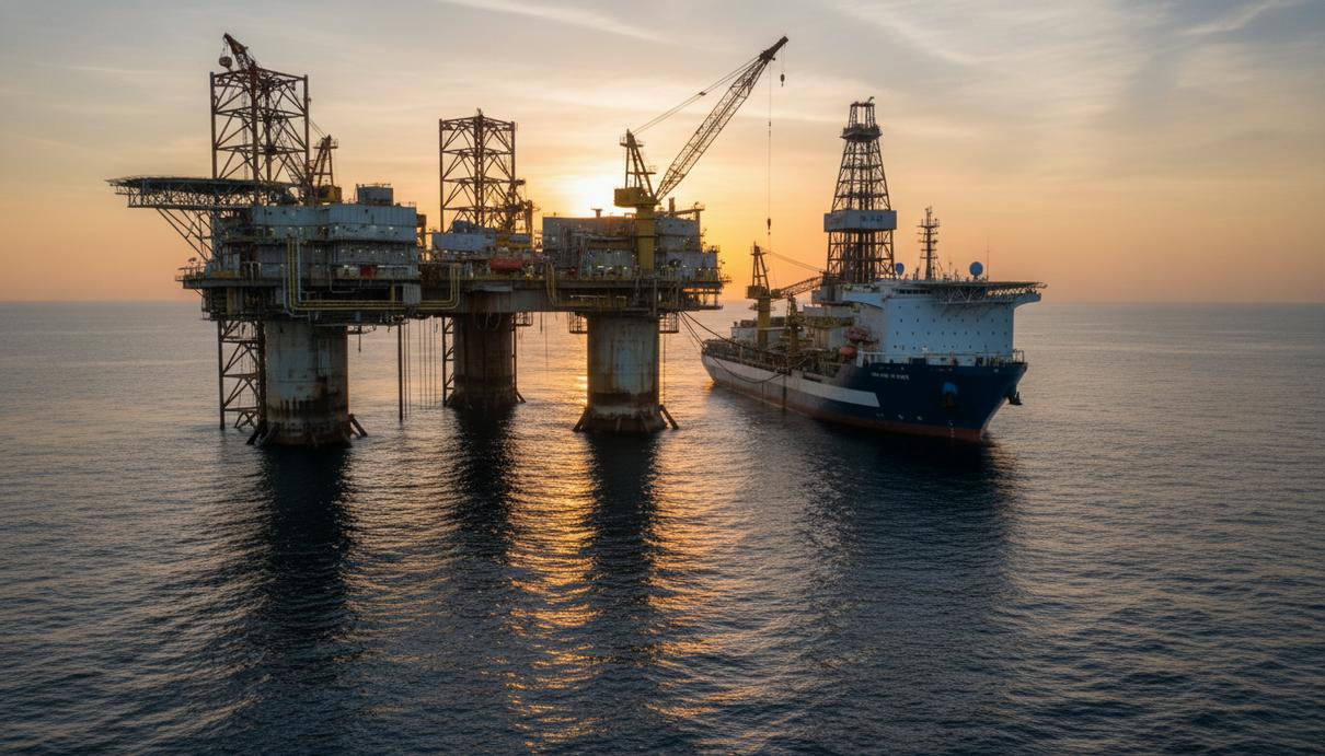 Transocean получила контракты в Норвегии и Бразилии на 1 млрд долларов Полупогружная буровая платформа и современное буровое судно в открытом море при закатном освещении.