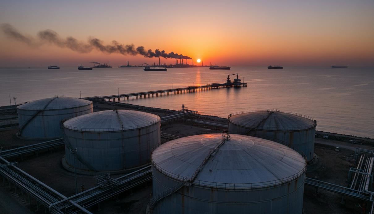 Промышленный вид на нефтяные резервуары и терминал у моря с грузовыми судами на горизонте.