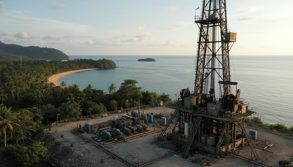 Буровая установка на побережье острова Серам в Индонезии на фоне моря