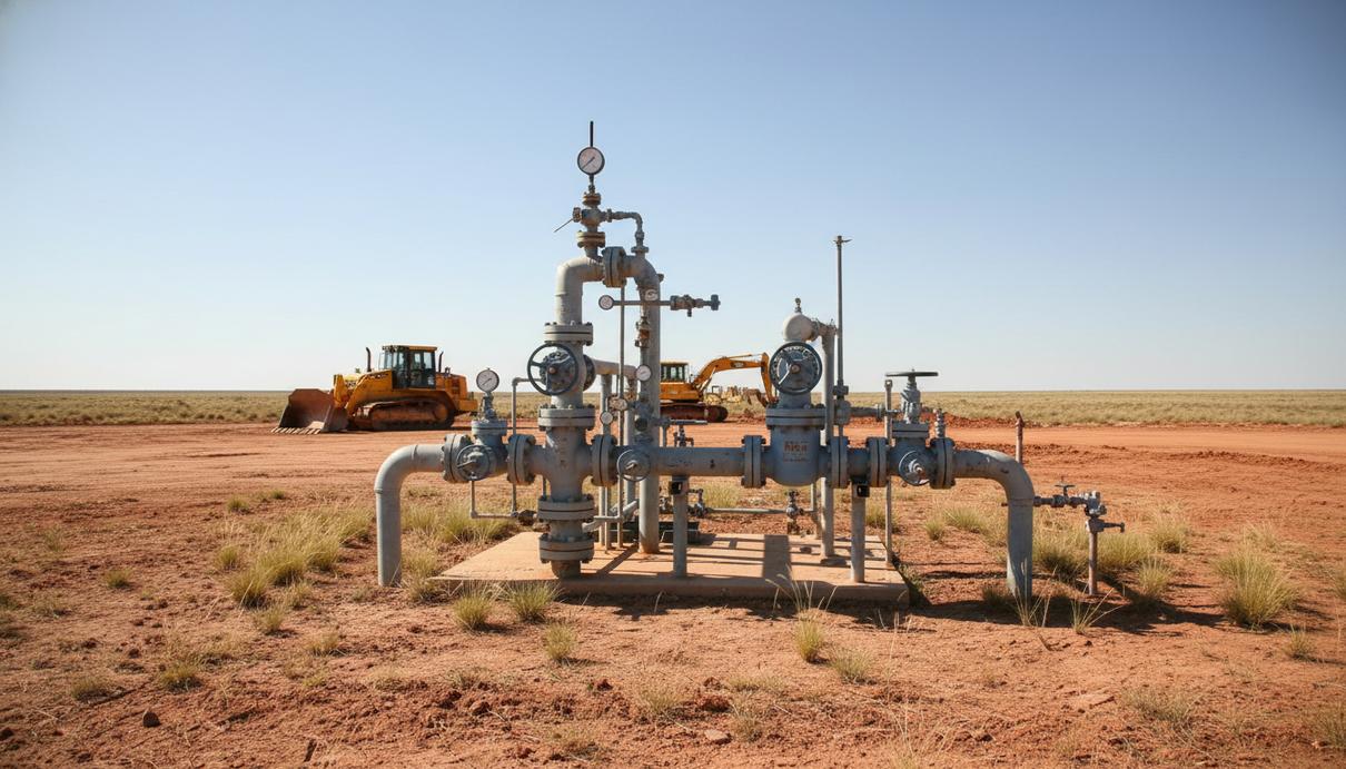 Результаты испытаний скважины Shenandoah в Австралии подтвердили запасы газа Промышленное оборудование газовой скважины с сетью стальных труб в засушливом регионе Австралии