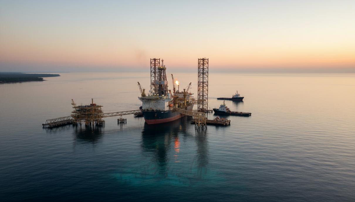 Промышленное буровое судно и нефтяная платформа в океане у побережья Суринама в лучах утреннего солнца.