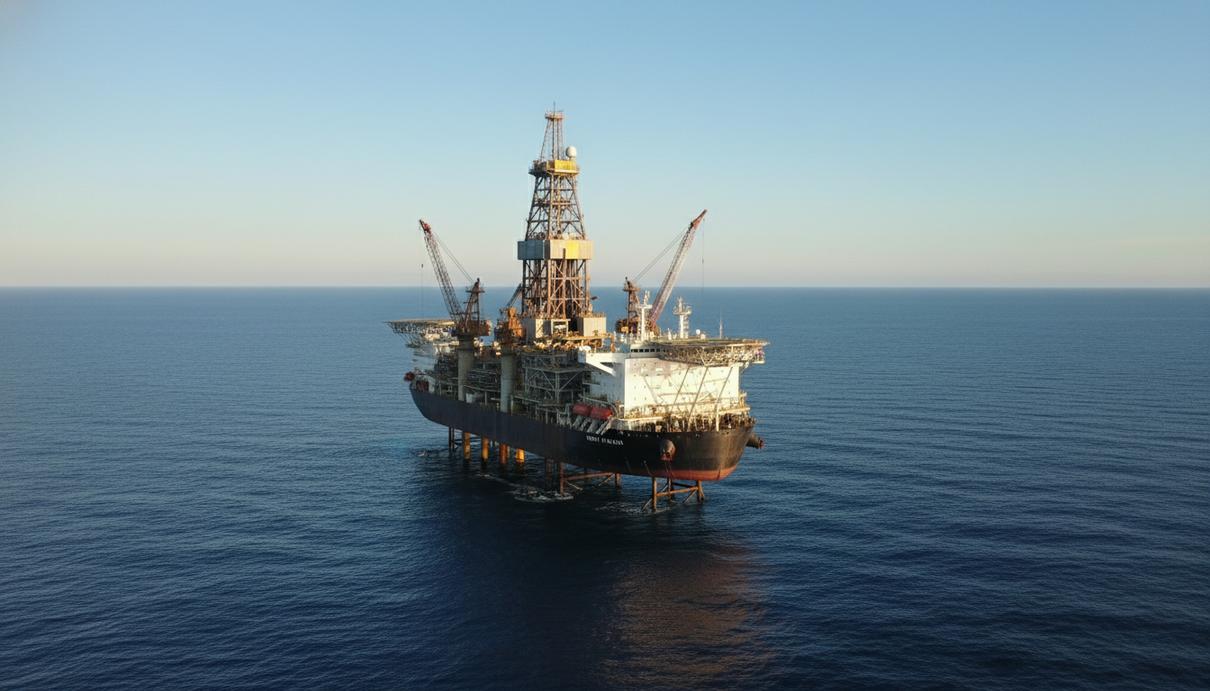 Глубоководное буровое судно в открытом море на фоне чистого горизонта