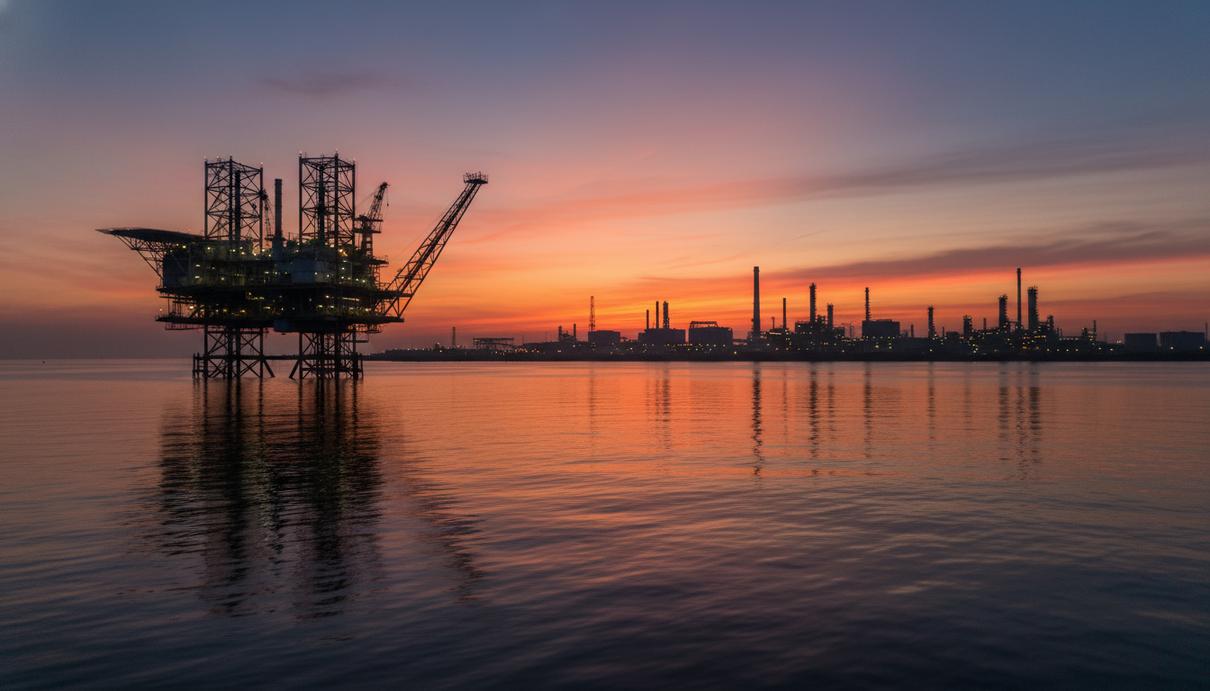 Промышленный силуэт нефтеперерабатывающего завода на побережье и нефтяная платформа в море на закате