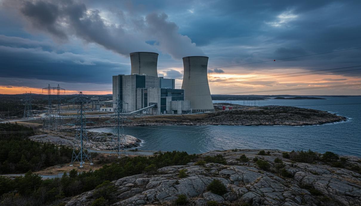 Современная атомная электростанция на морском побережье под пасмурным небом