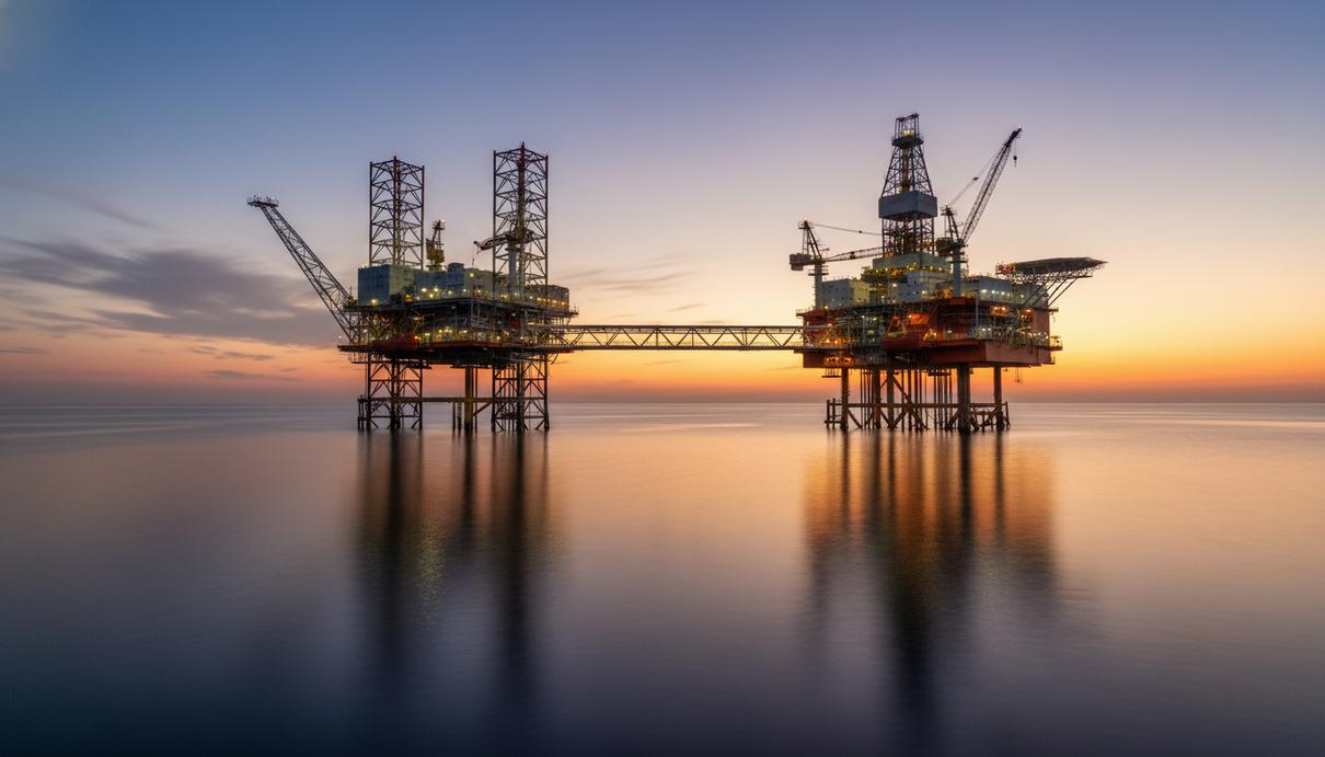 Eni обнаружила крупное месторождение газа на шельфе Египта Морская газодобывающая платформа в открытом море на фоне вечернего неба