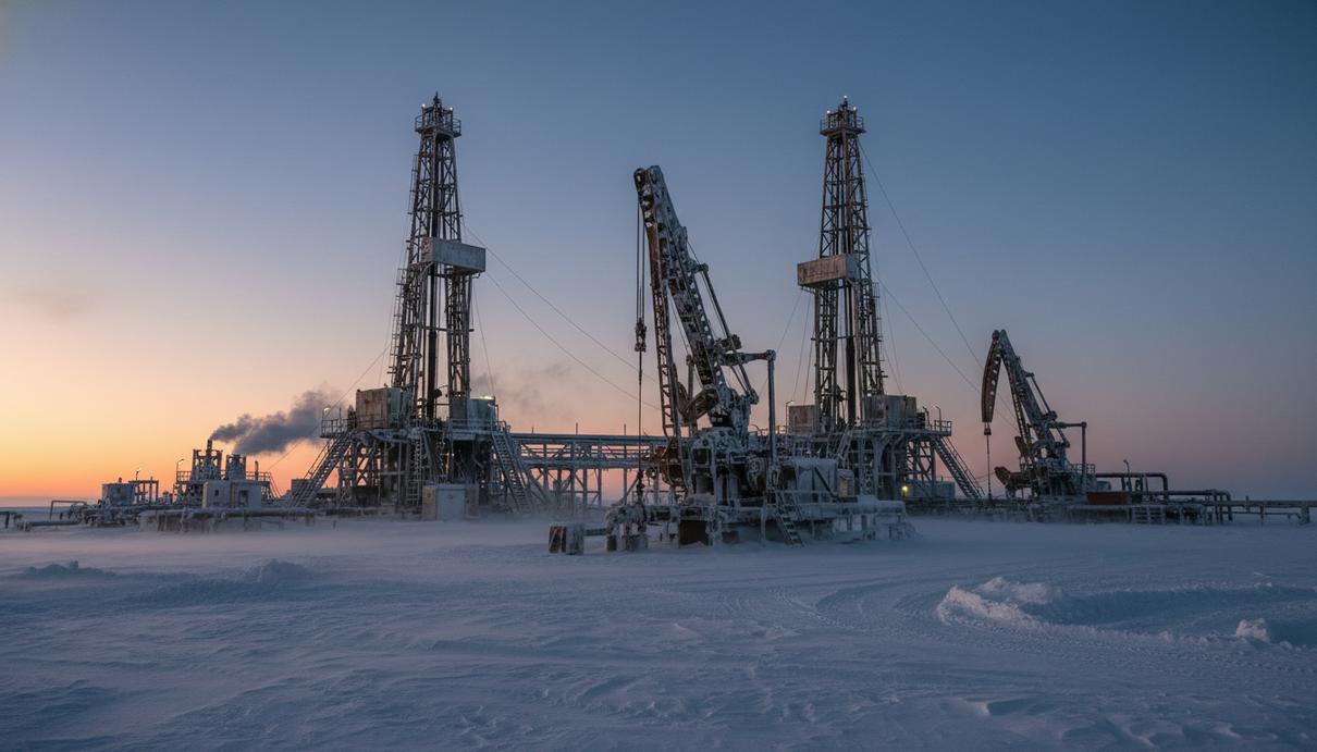 Промышленная буровая установка среди заснеженной арктической тундры под вечерним небом.