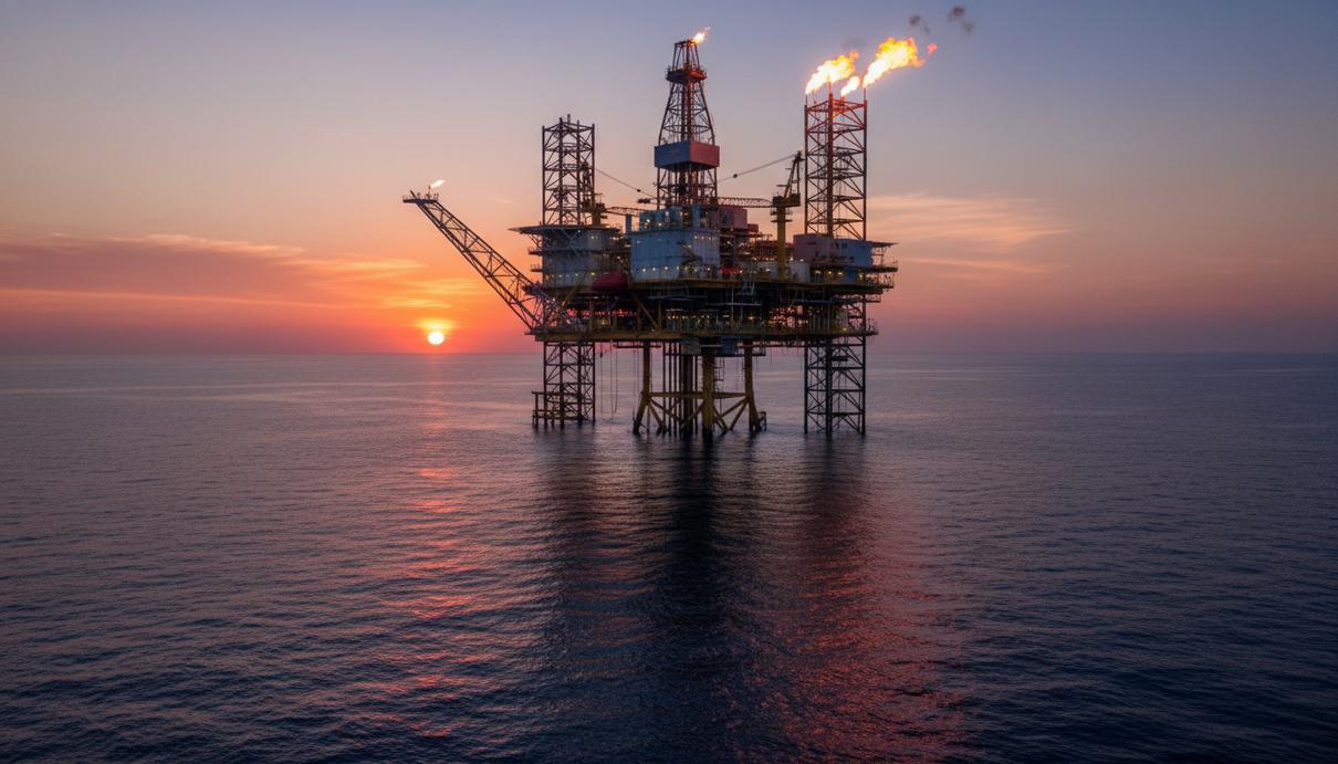 Chevron и Occidental обнаружили нефть на участке Bandit в Мексиканском заливе Буровая платформа в открытом море среди спокойных волн Мексиканского залива