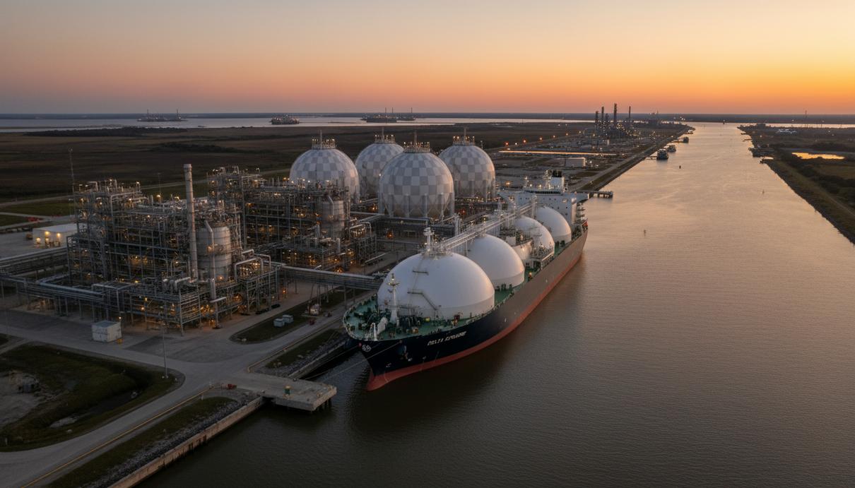 Терминал по сжижению природного газа с резервуарами, трубопроводами и танкером у причала на берегу канала