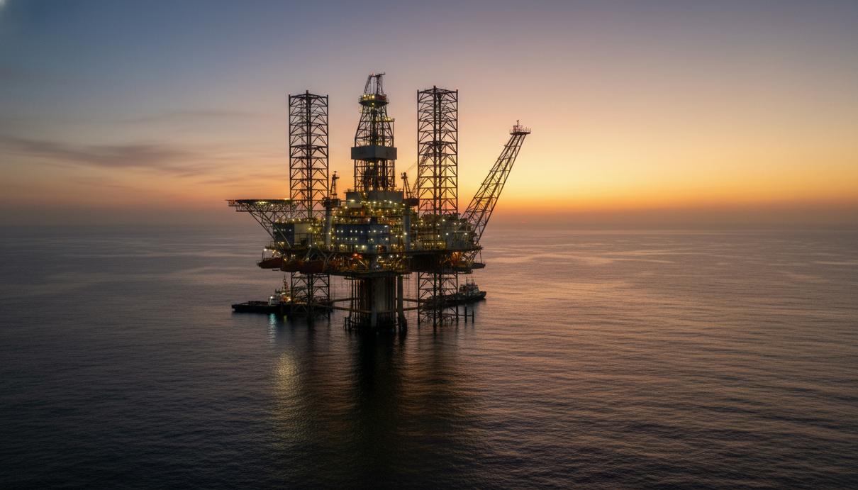 Petrobras обнаружила новые залежи углеводородов в бассейне Кампус Современная глубоководная буровая установка в Атлантическом океане в вечернем свете