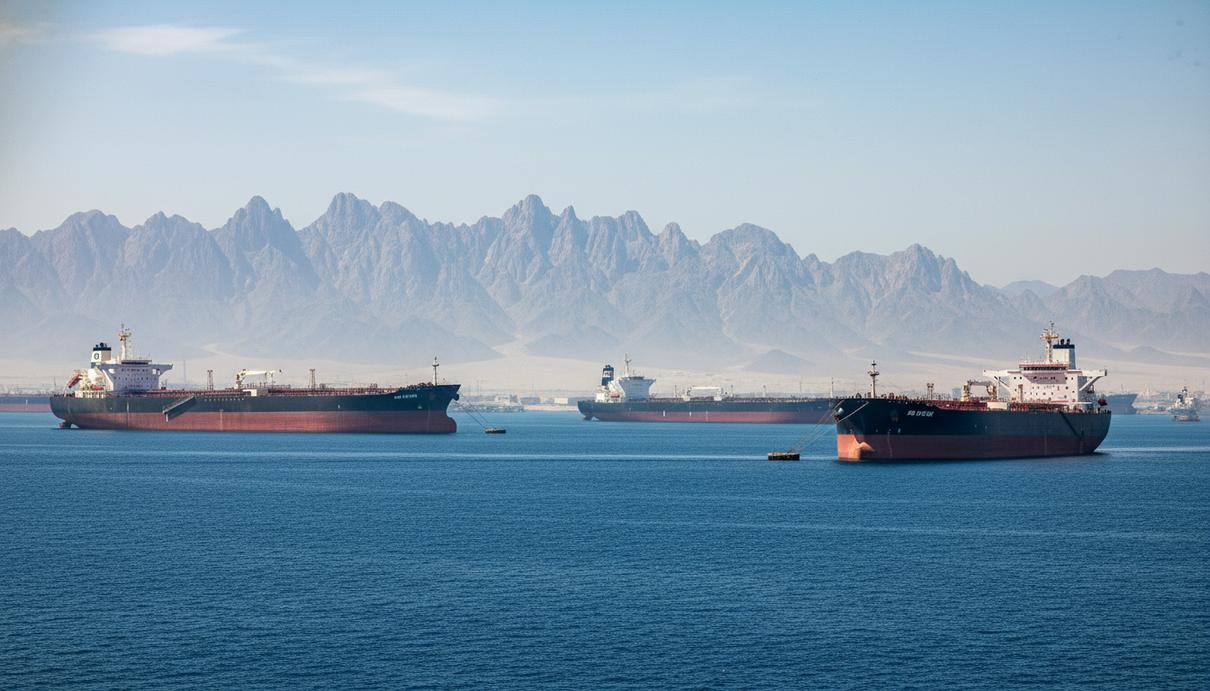 Группа крупных нефтяных танкеров в морском проливе на фоне скалистого пустынного побережья