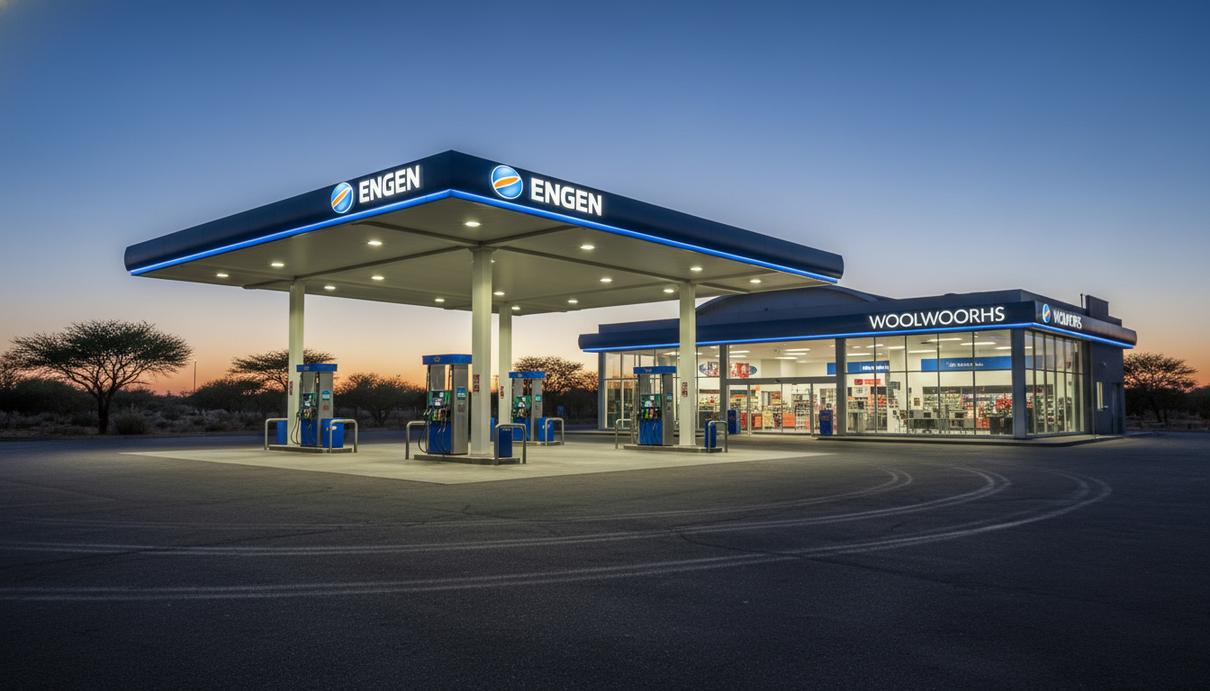 ADNOC обсуждает покупку розничного бизнеса Shell в ЮАР за 1 млрд долларов Современная автозаправочная станция в ЮАР с фирменной вывеской в сумерках