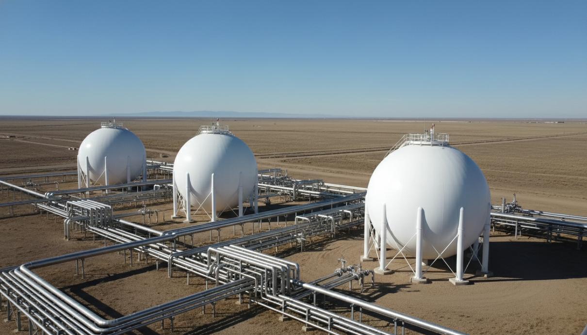 Промышленные резервуары и узлы трубопроводов газового хранилища на фоне открытой местности.