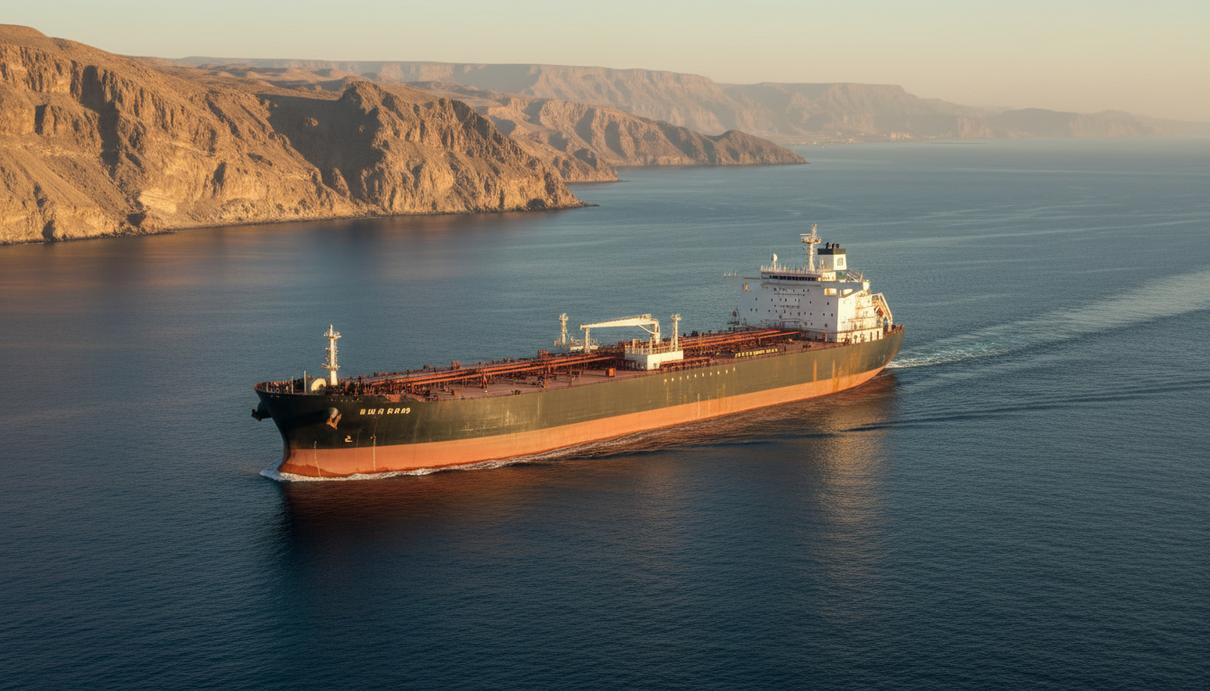 Массивный нефтяной танкер проходит через узкий морской пролив между скалистыми берегами