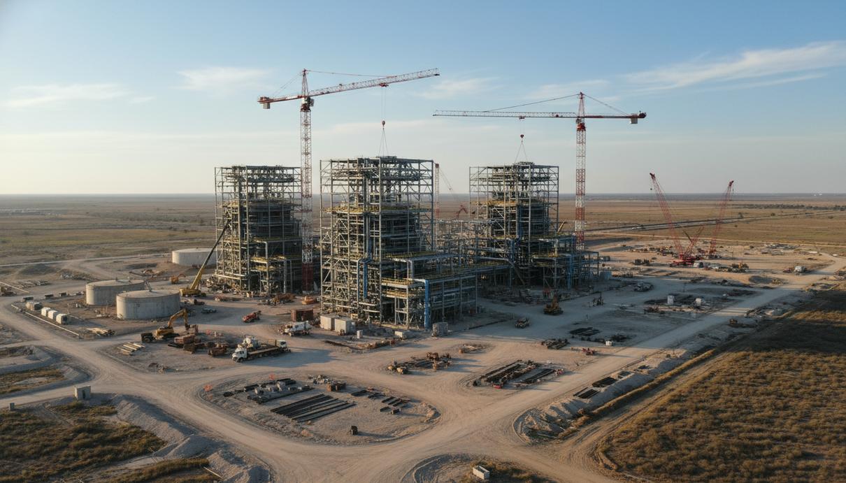 Строительная площадка газовой электростанции с промышленными конструкциями и подъемными кранами