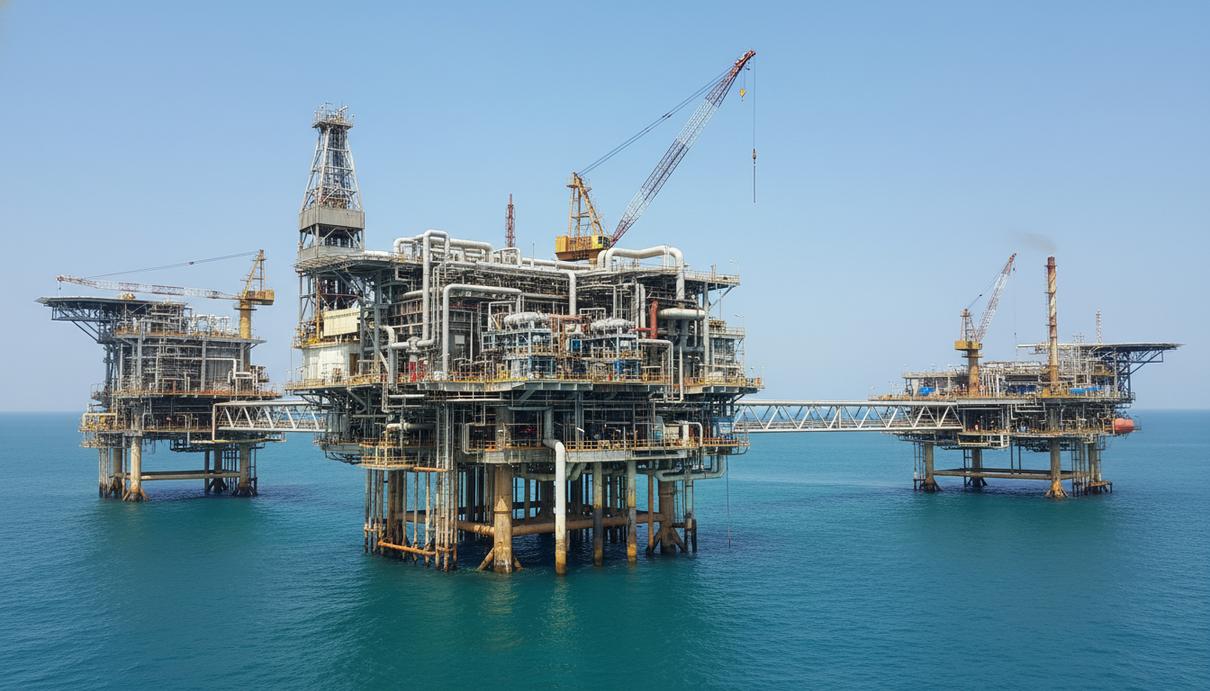 Крупная морская нефтедобывающая платформа с сетью стальных труб и промышленного оборудования в море.